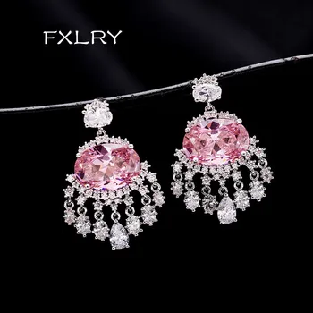 

FXLRY New Design Luxury Large Pink/Clear Zircon Stone CZ Crystal Tassel Dangle Earrings Women Wedding Party Jewelry