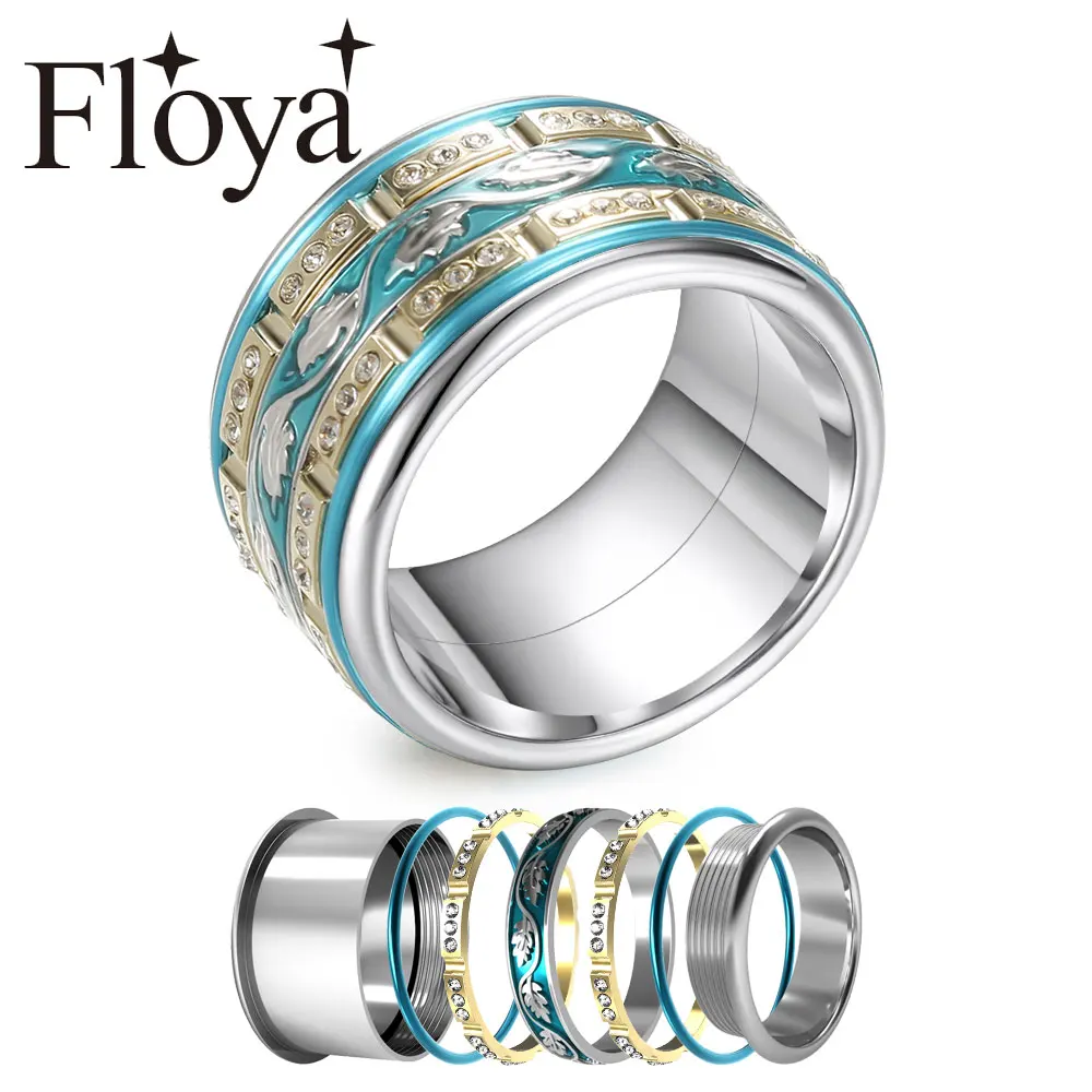 Floya Inlayed Ring Set Resistance Women Flat Etsy Stainless Steel Layering Interchangeable Cyan Accessories Femme Bijoux | Украшения и