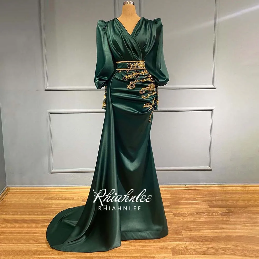 Dark Green V Neckline Dubai Muslim Evening Gowns 2021 Long Sleeve Mermaid Beading Party Gowns For Women Rhiahnlee ball gown Evening Dresses
