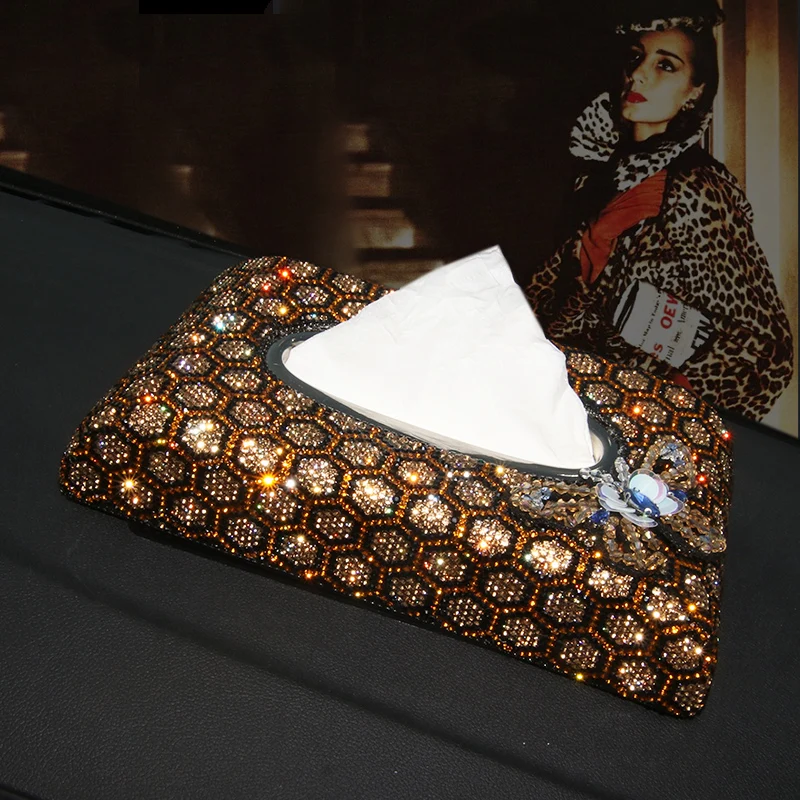 

Luxury Full Diamond Leopard Grain Tissue Box Cute Leopard Print Crystal Tissue Box Auto Interior Decoration Accessories