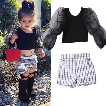 激安 2 個の幼児の子供女の子の夏の服パフスリーブチェック柄ショーツショートパンツ綿衣装 1-6Y
