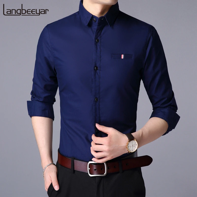 Chic Men Tops Long Sleeve Slim Fit Leisure Youth Solid Spring Shirts Blouses New