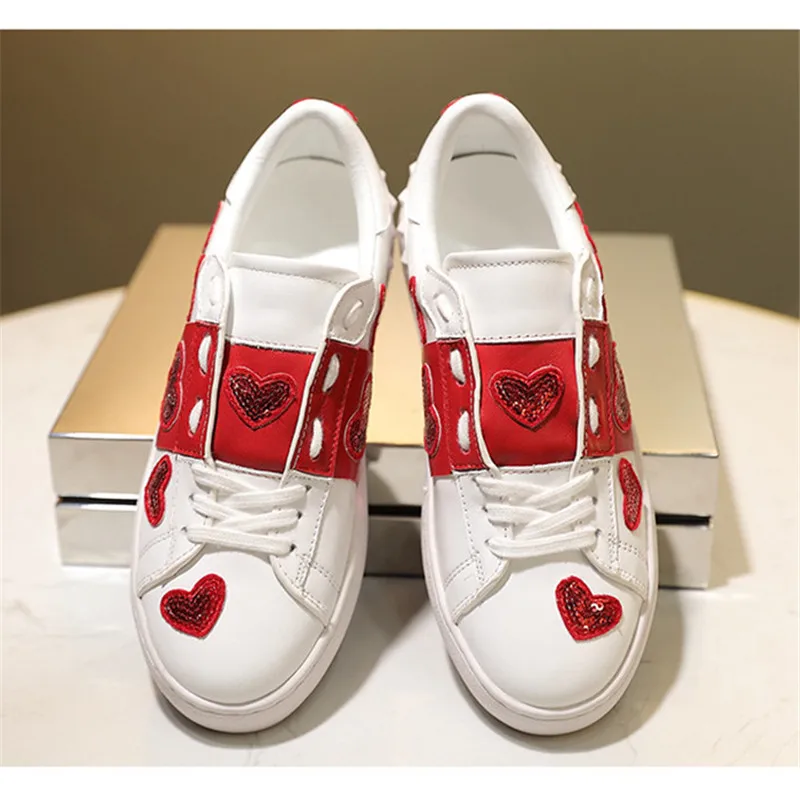 

Sneakers Women Ladies Shoes Round Toe Zapatos De Mujer Lace Up Female Shoes Mixed Colors Single Shoes Love White Shoes Leisure