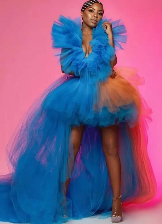 New Splicing Tulle Dresses Hi Low Length Deep V