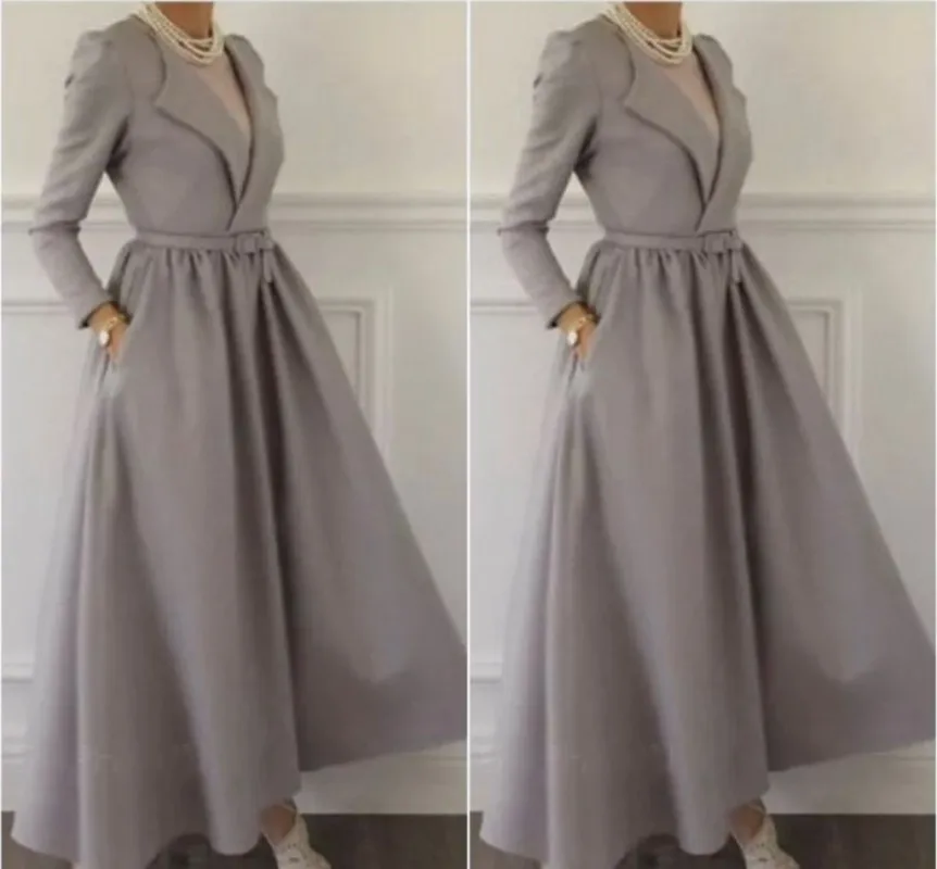 

New Silver Evening Dress 2023 Abaya Dubai Prom Party Gowns V Neck Long Sleeve Satin Vestidos Feast Formales