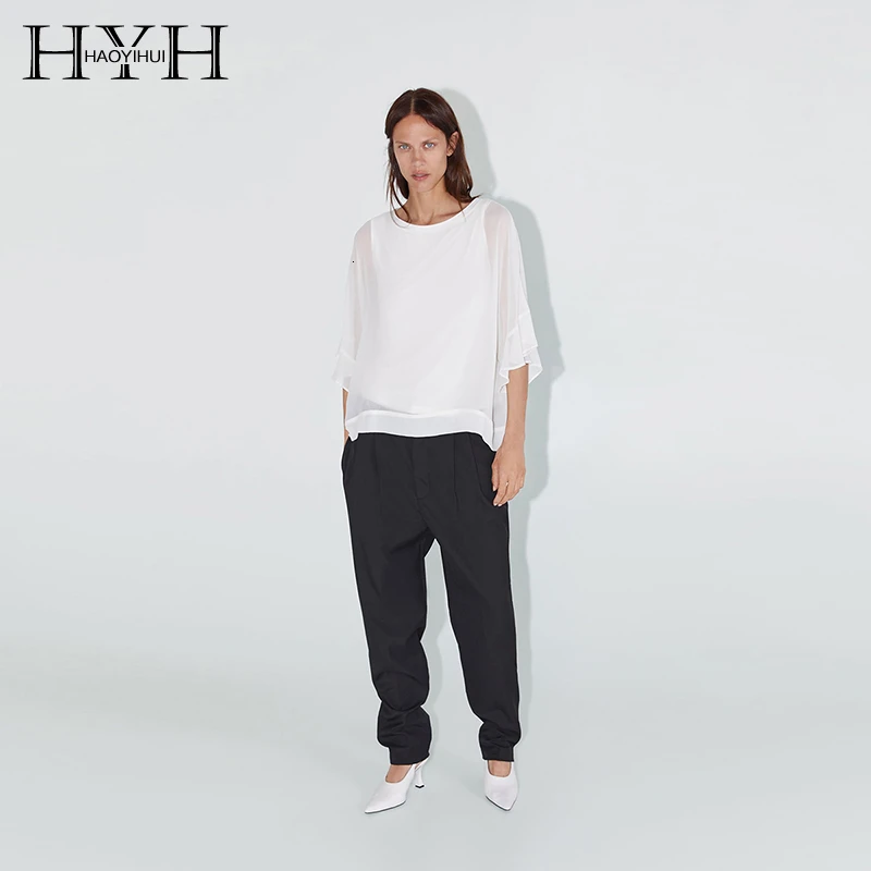 

HYH HAOYIHUI Fashion Autumn Simple Style Basic Solid Translucent Drape Blouse Round Neck Short-sleeved Laminate Lined Top