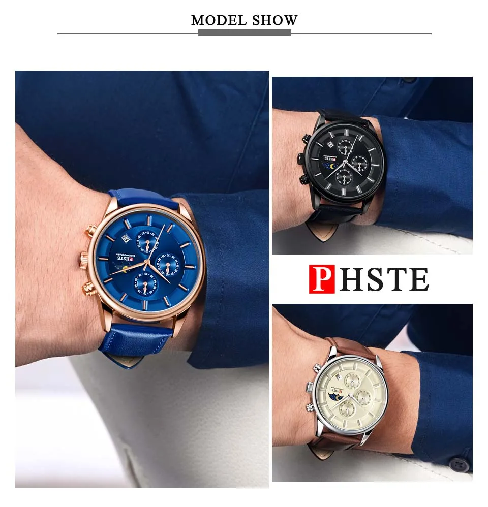 PHSTE Mens Watches Quartz Chronograph Moon Phase Date Waterproof Brown Calfskin Leather Brand Luxury Wrist Watch Male Beige Dial