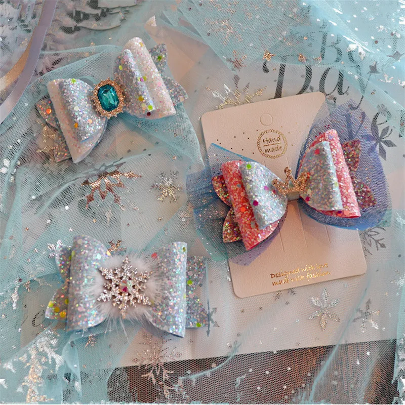 5pcs/lot Christmas Glitter Snowflake Hair Bows For Girls Handmade Double Layered Hairgrips Dance Party Girls Hair Accessories