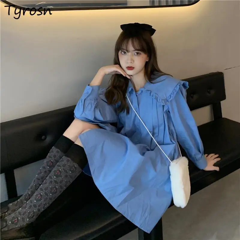 

Sailor Collar Women Dress Mini A Line Kawaii Harajuku Solid Korean Style Loose Spring Autumn Long Sleeve Vestido Ulzzang Simple