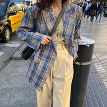 

Blue British Style Plaid Blazers Vintage Loose Double Breasted Suits Women Casual Long Sleeve Plus Size Blazer Grenn New Spring
