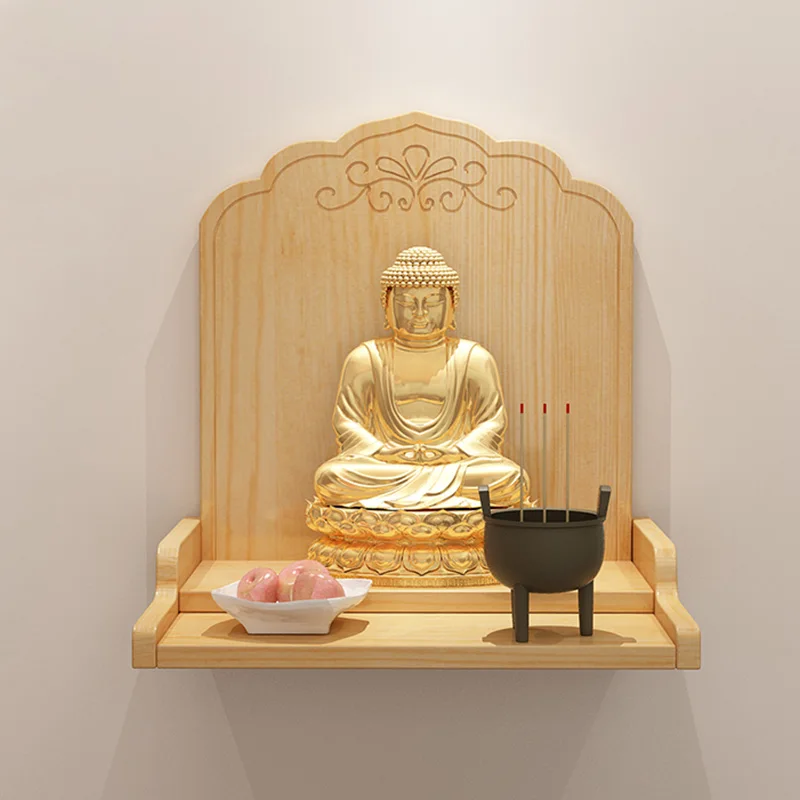 Wooden Wall Shelf Shrine Buddha Rack Pine Buddhist Altar Sculpture Collection Display Wood Carving Crafts Home Decor Accessories 2
