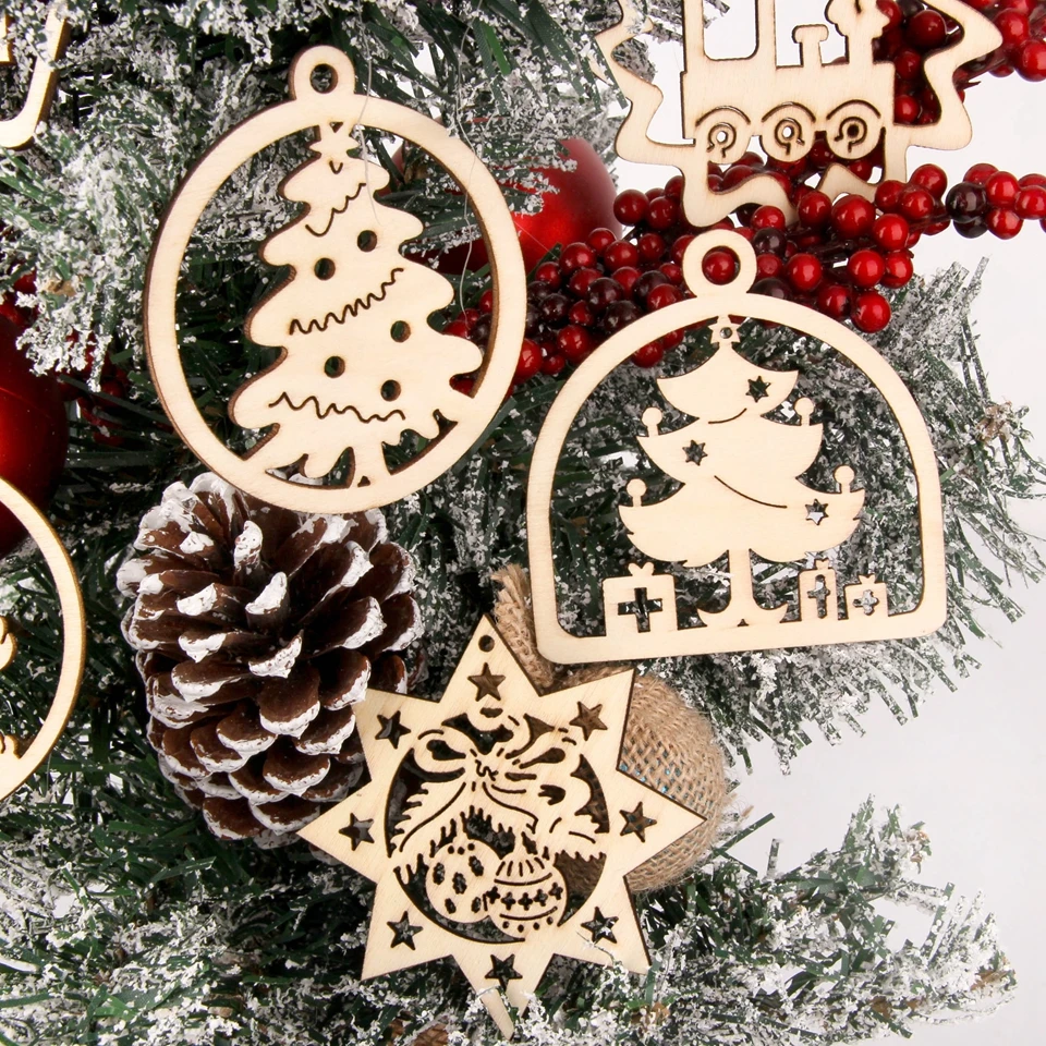10 шт./лот, разные стили, креативные Деревянные Подвески, Рождественская елка, украшение колокольчик, ангел, снеговик, рождественские украшения, деревянные фишки, Декор