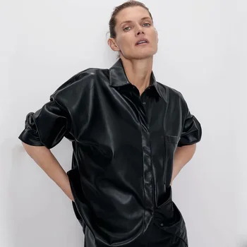 

ZA Faux Leather Shirt Jacket Autumn Winter Women's Fashion Long Sleeve without Cap Snap-on British Wind Jacket