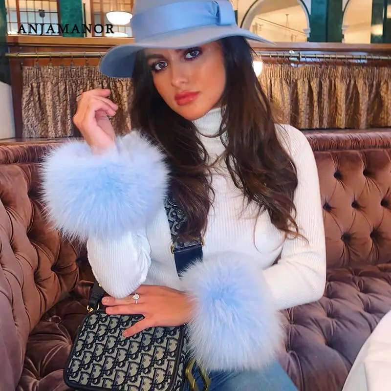 ANJAMANOR Women Fashion Sweater Ribbed Knitted Fluffy Faux Fur Cuffs Long Sleeve Turtleneck Pullover Sexy Winter Top D76-AD03 | Женская