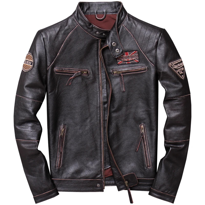 

2019 Vintage Brown Men Slim Fit Motorcycle Leather Jacket Plus Size XXXXL Genuine Cowhide Spring Biker's Coat FREE SHIPPING