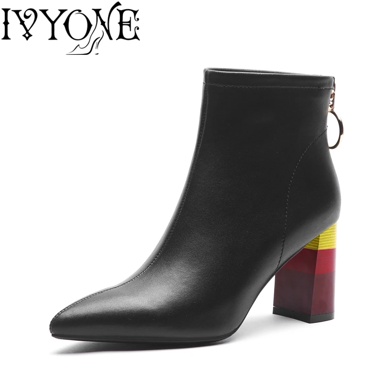 

High Quality Colors Block Heels Women Boots Cow leather Pointed Toe Simple Fashion Ladies Pumps Office Lady Party Shoes Big Size