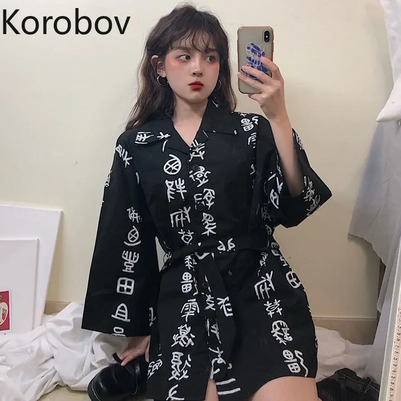 Korobov винтажная женская блузка в стиле хип хоп с китайским принтом Harajuku летняя