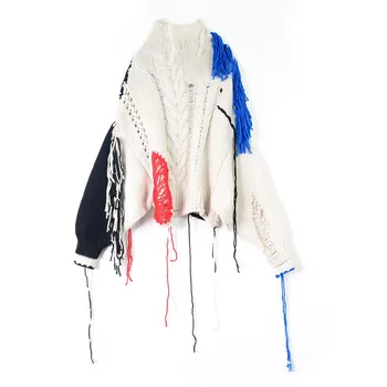 

Women Sweater 2019 Autumn and Winter New Sweater Thick Sweater Tassel Color Matching Bat Sleeve Female Hip Hop Style