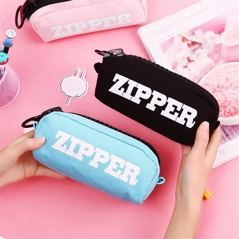 Creative Big Zipper Pencil Case Canvas High-capacity Pen Bag School Stationery Supplies