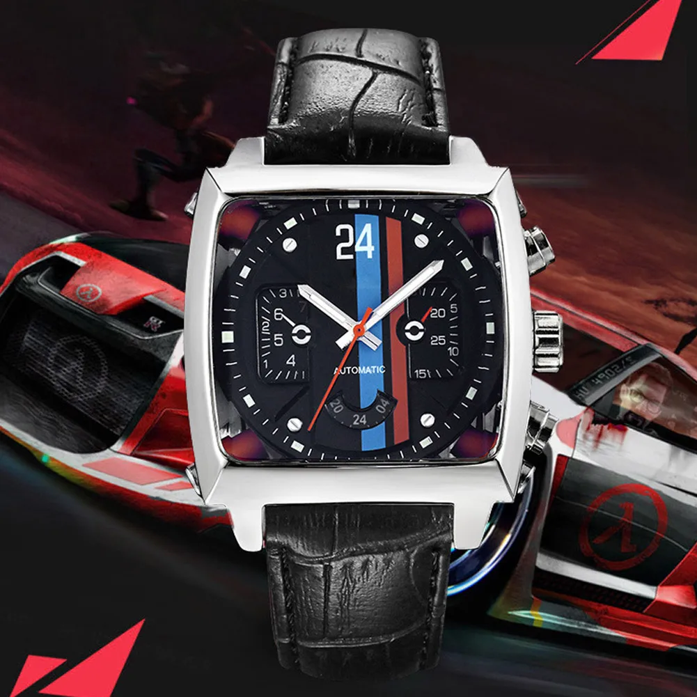 

New Racing Square Watch Leather Belt Wristband Automatic Mechanical Watch Gifts MV66
