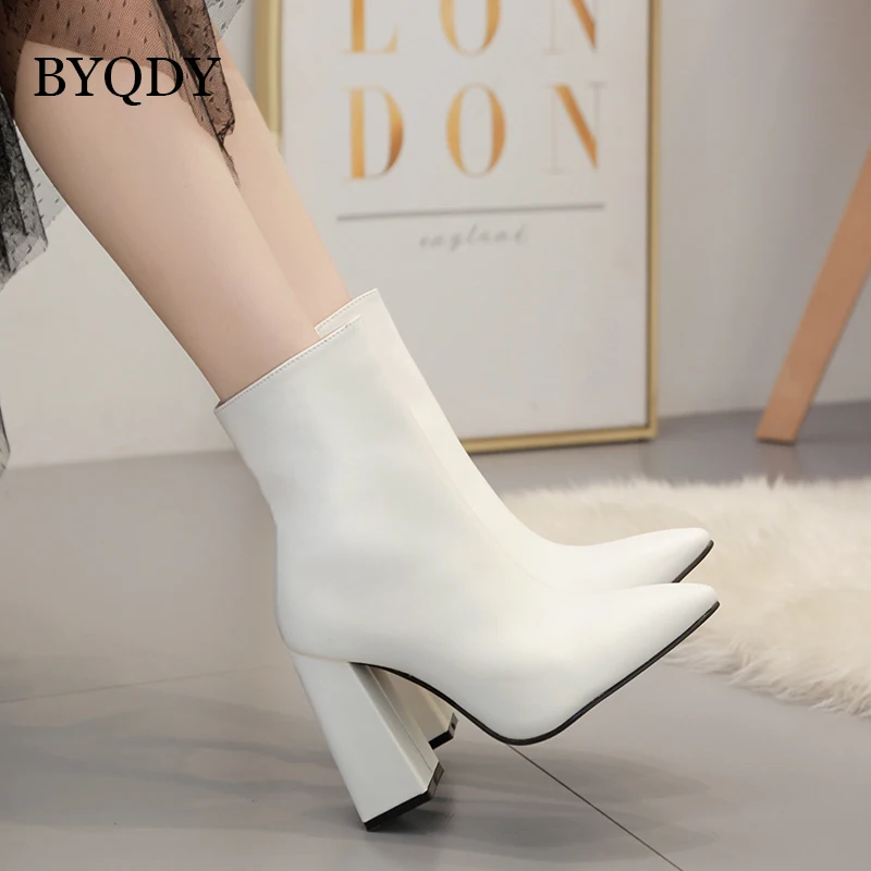 

BYQDY Autumn Winter High Heels Fetish Sock Boots Leather Block White Heels Ankle Boots Scarpins Chunky Shoes Mother's Boots Gift
