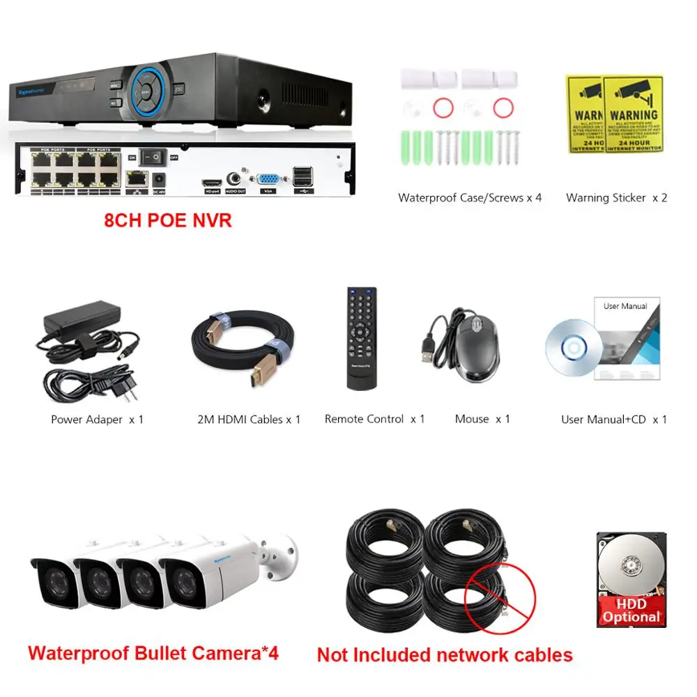 TOPROHOIME H.265+ 8CH 4MP CCTV NVR система 5MP POE NVR комплект 2MP 1920*1080P Открытый Водонепроницаемый Аудио запись звука POE ip-камера комплект - Цвет: 8ch POE No cables