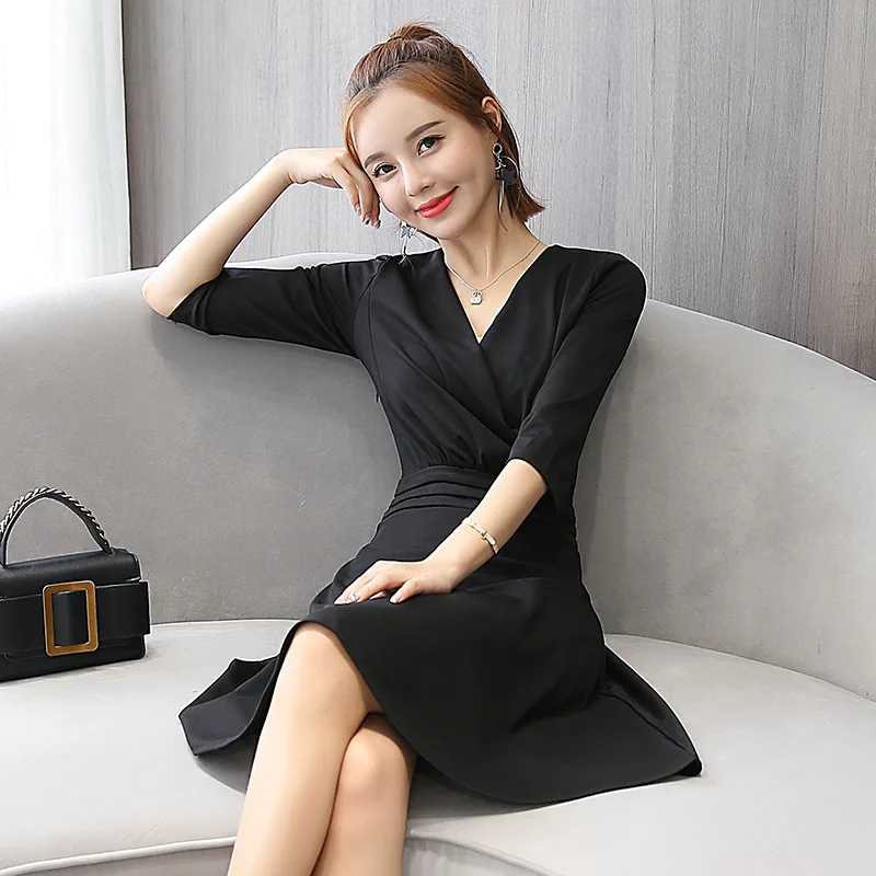 

Black And White with Pattern Dress Formal Occasion V-neck Three-quarter-length Sleeve Medium-length Slim Fit Explicit Thin Black