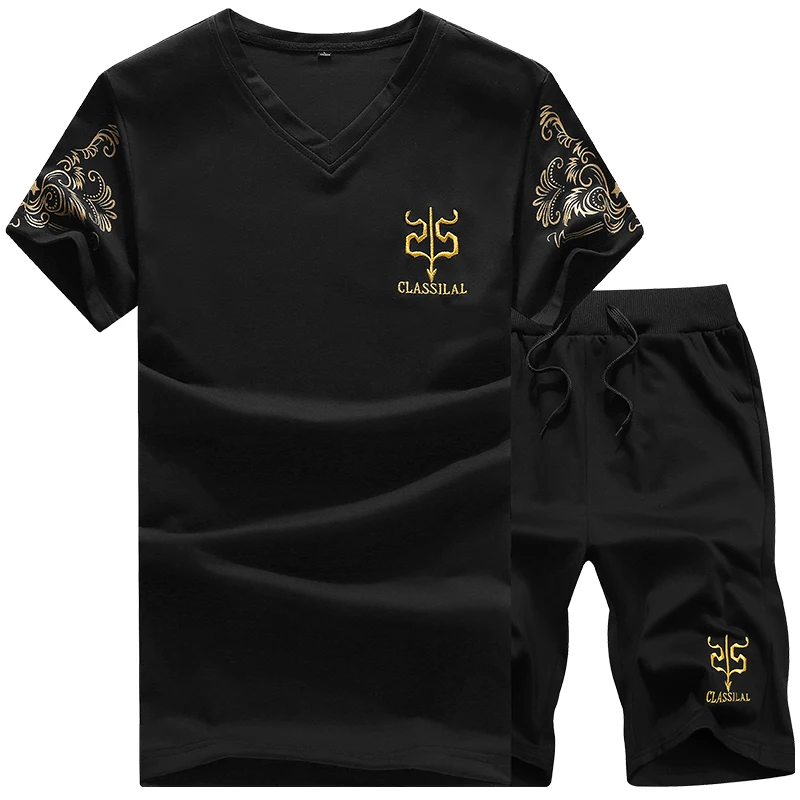 Summer new men's V-neck embroidery T-shirt set boutique solid color casual shorts suit large size fashion casual sports suit men Summer new men's V-neck embroidery T-shirt set boutique solid color casual shorts suit large size fashion casual sports suit men