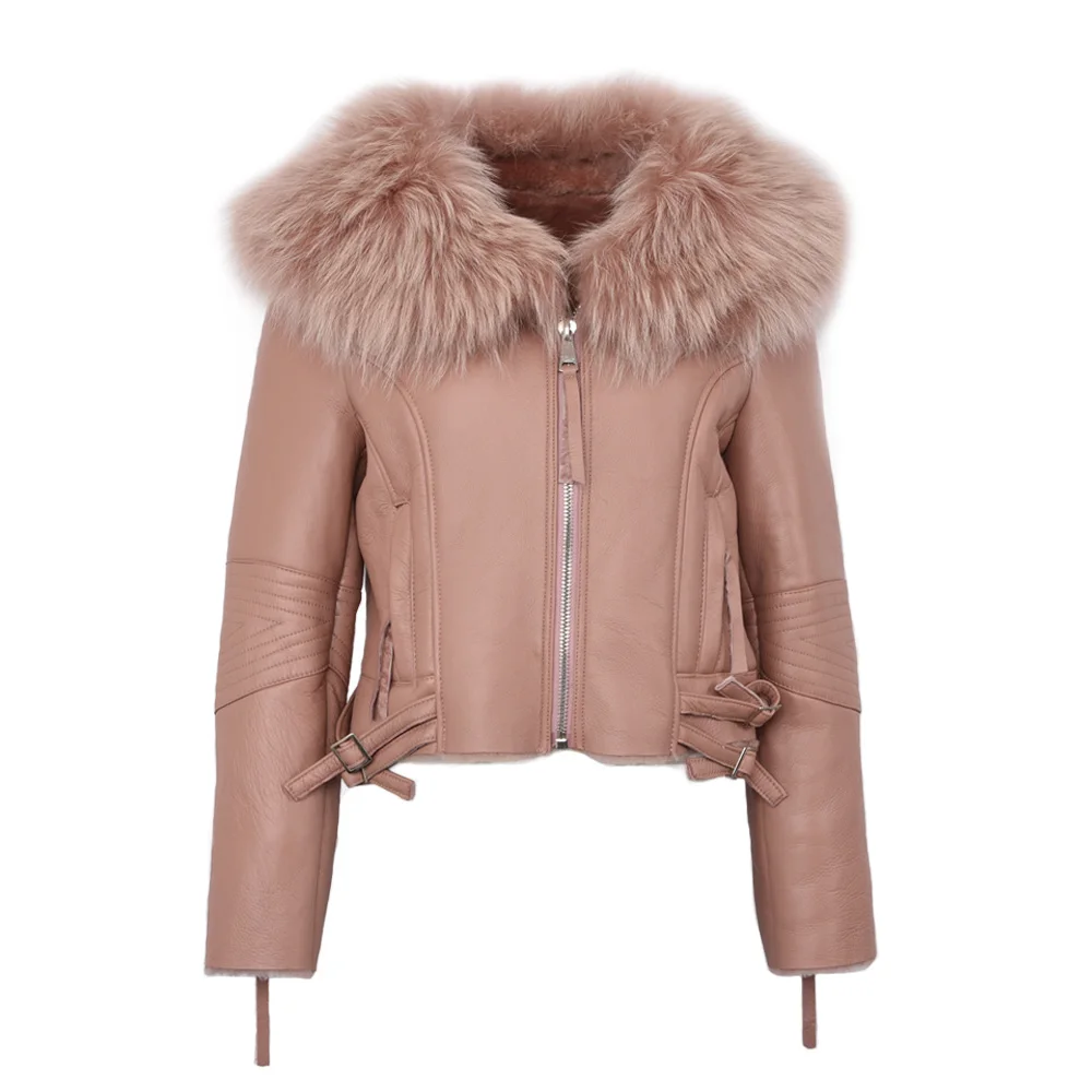 Новинка, Женское пальто из натуральной кожи, пальто с подкладкой из натурального меха, модная Толстая теплая байкерская куртка с воротником из меха енота, S7009 - Цвет: Pink
