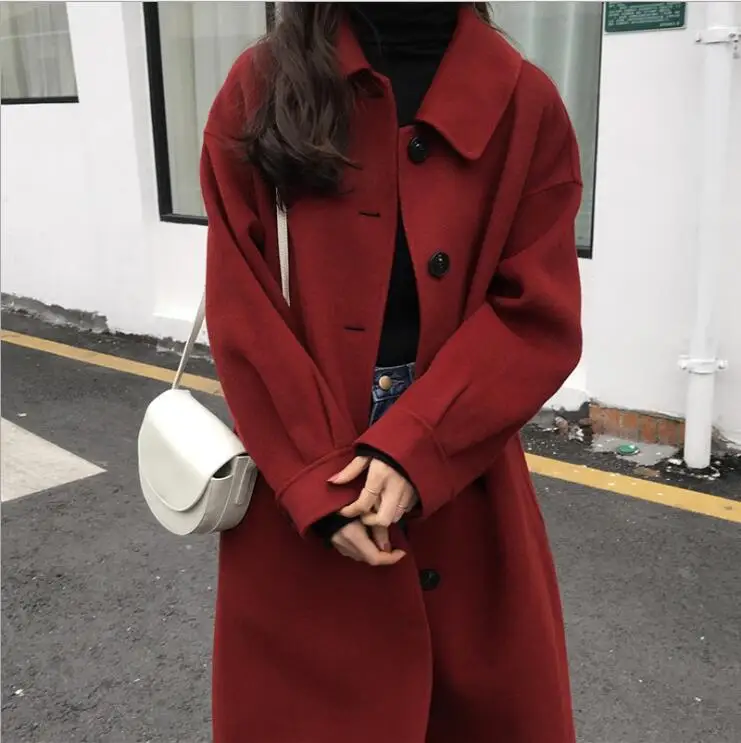Women Woolen Coat Autumn Winter Outerwear New Fashion Single-breasted Jackets Long Large Size Black Red Coats Female