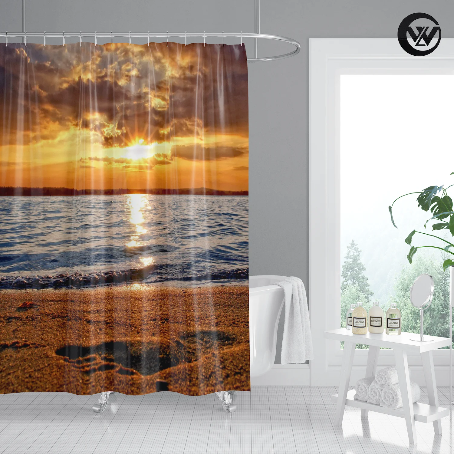 Ocean Sunset Scenery Bathroom Mildew Shower Curtain 12 Hooks Waterproof Fabric 