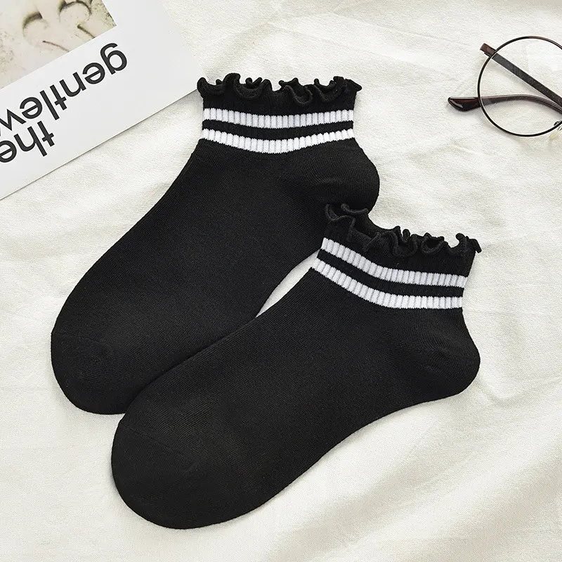 Новинка, женские хлопковые красивые белые черные носки, милые голени для девочек, короткие носки в полоску с сердечками, 35-40 - Цвет: Double-Stripes Black
