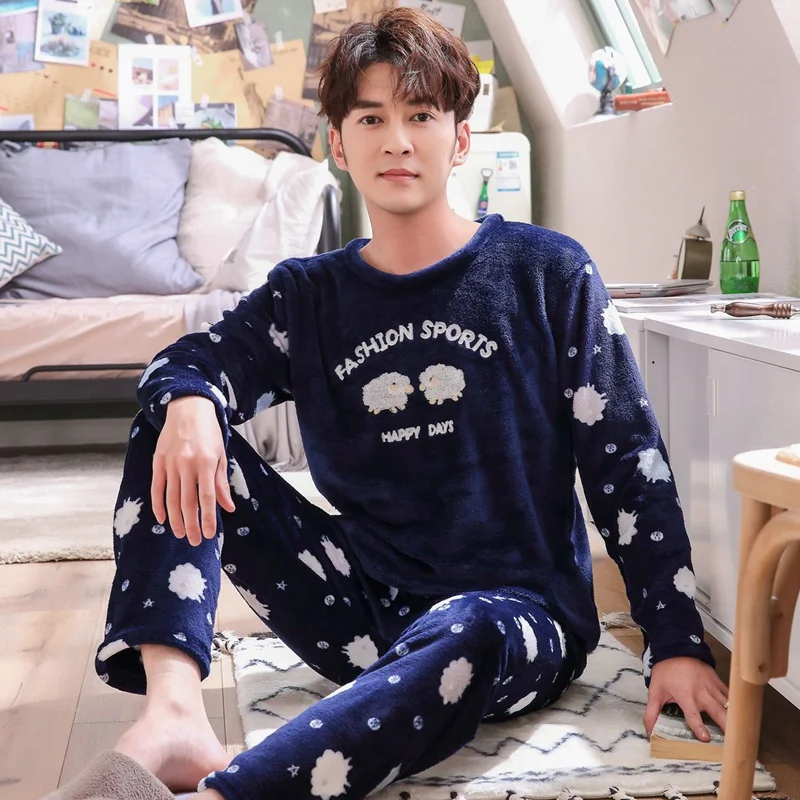 Men pajamas set  winter Casual Striped Thick Warm Flannel Long Sleeve Sleepwear Suit for male Loungewear Homewear Home Clothes