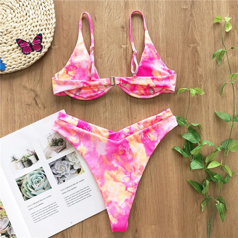 2020 Sexy Bikinis Swimsuit Women Bandage Printing Swimwear Underwire Bikini Set Tie-dye Gradient Bathing Suits Summer Beach Wear