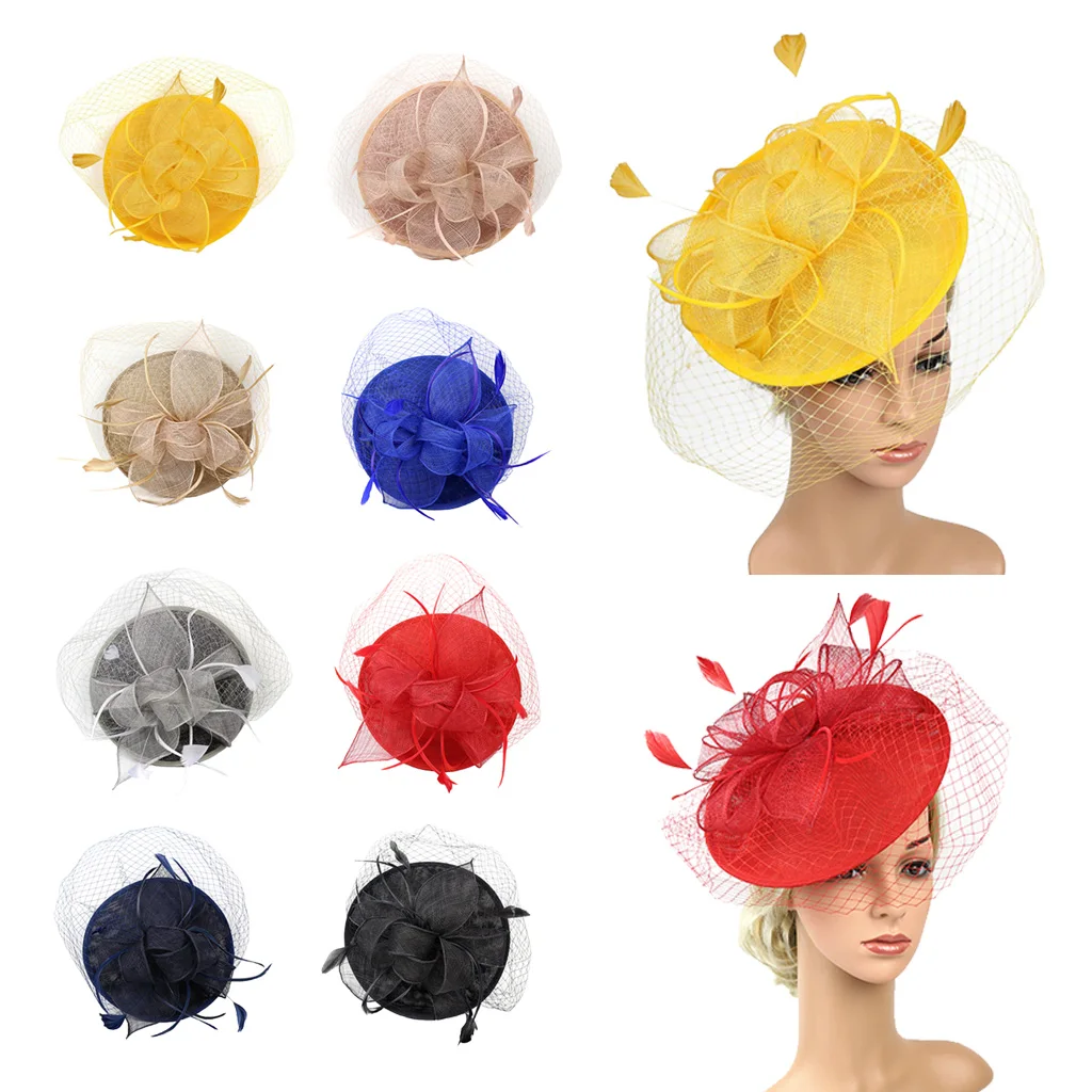 Лидер продаж волосы повязка на голову Sinamay шляпа повязка на голову с перьями Вуаль свадебная модная повязка на голову с цветами для девочек аксессуары для волос