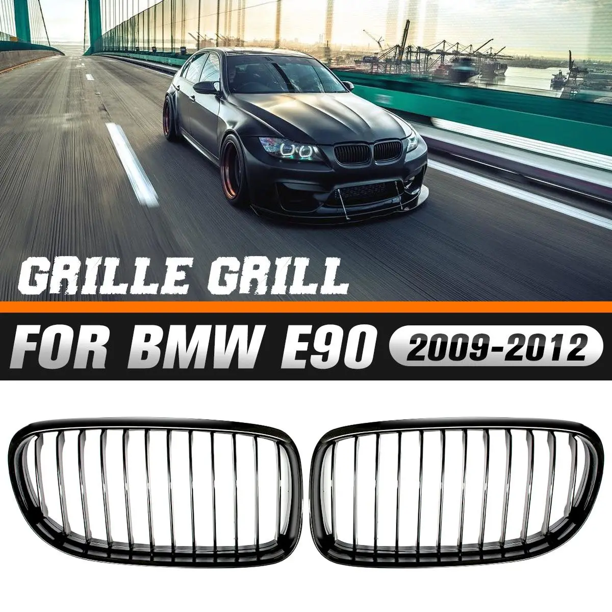 2Pcs Auto Front Bumper Kidney Grille Racing Grill Gloss Black For BMW