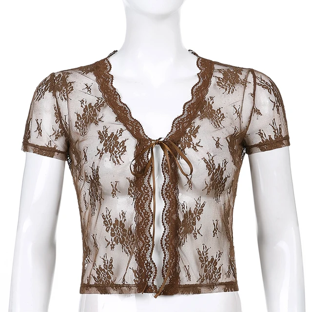 Sweetown Brown Vintage Y2K Lace Crop Top Short Sleeve See Through Sexy Mesh Woman Tshirts V