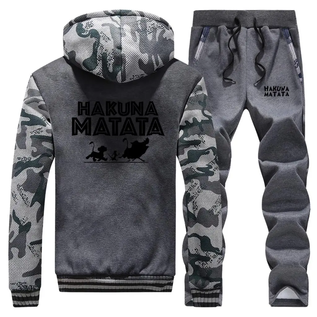Король Лев камуфляжные мужские комплекты Hakuna Matata куртка в стиле аниме набор зимние плотные штаны, толстовка флисовый Мужской полный костюм спортивный костюм
