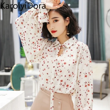 

Lantern Sleeve Floral Print Blouse Shirt Casual Chiffon Collar Ruffles Women Tops Elegant 2019 Autumn Winter Tie blusa