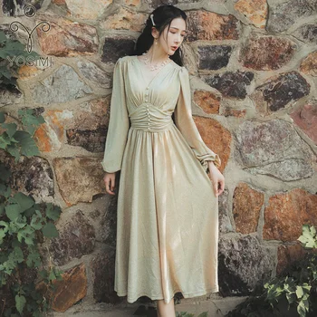 

YOSIMI 2019 Summer Full Sleeve V-neck Mid-Calf Fit and Flare Women Dress Vintage Empire Autumn Sexy Dress Party Night Shiny Gold