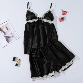 

Women Satin Silk Lingerie Bow Lace Pajamas Female Sleepwear Shorts Bra Set Lingerie Underwear Lntimate Ladies Brief Sets