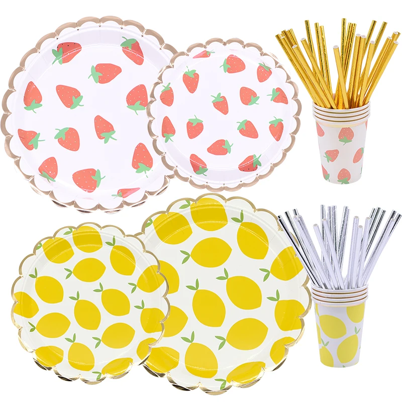 Милые бумажные тарелки с рисунком клубники и лимона салфетки для стаканчиков