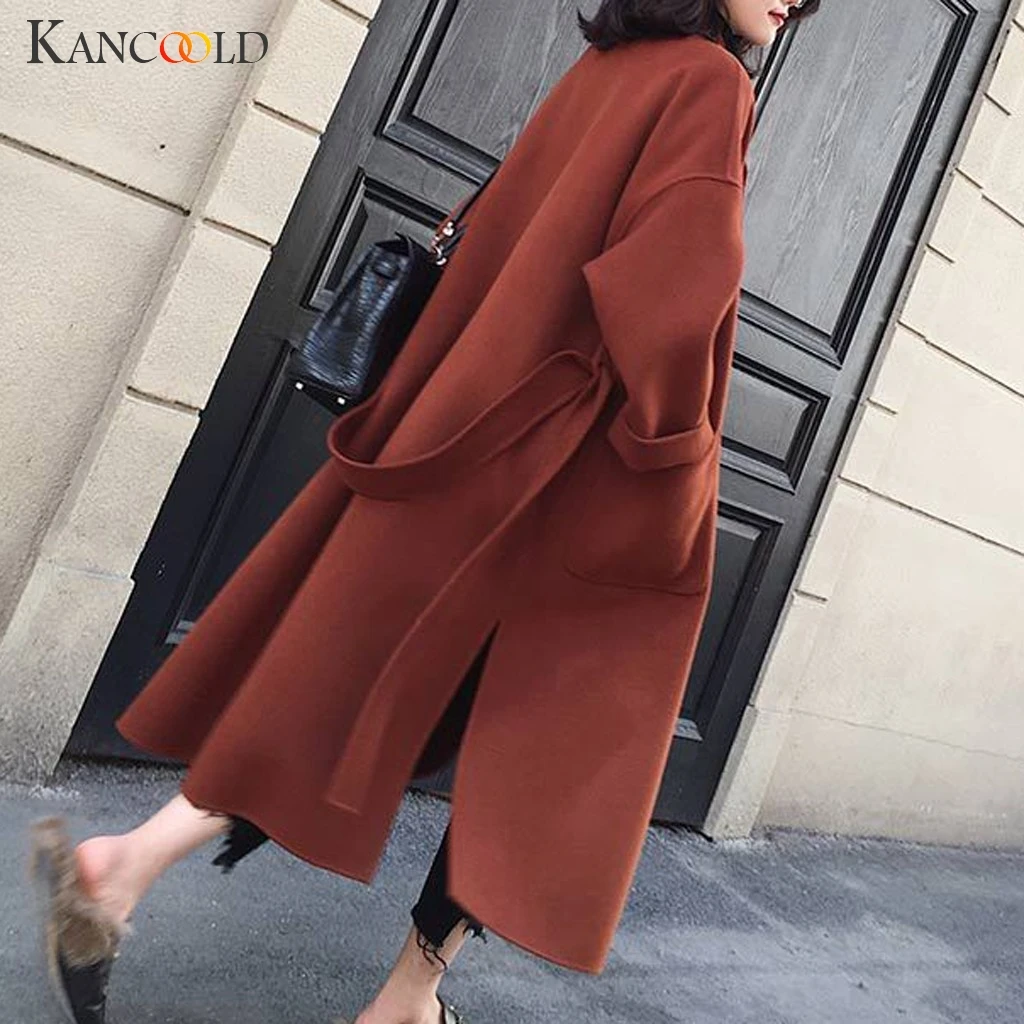 

KANCOOLD Autumn and Winter Wool Woolen Coat 2019 Hot Sale Casual New V-Neck Winter Coat Women Belt Maple Red Temperament Coat