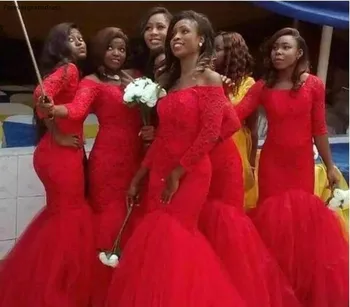 

2019 Cheap African Red Mermaid Bridesmaid Dress Lace Garden Country Formal Wedding Party Guest Maid of Honor Gown Plus Size