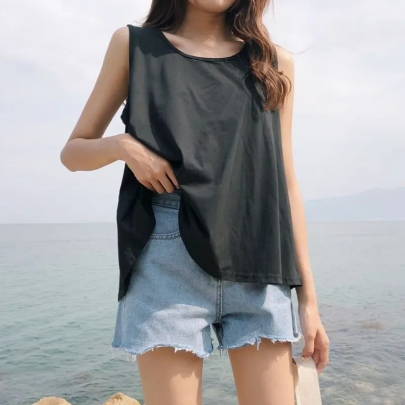 

Women's Sleeveless T-shirts 2020 Summer O-Neck Casual Loose Vest Tops Female Plus Size Tshirt Solid Color Fashion Tee