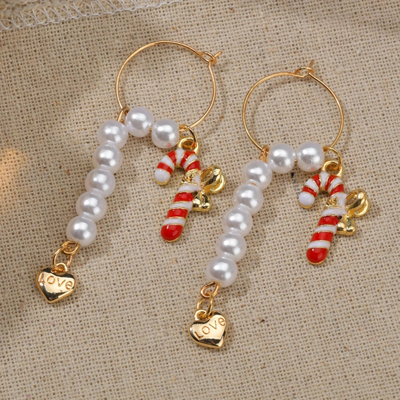 

Christmas Crutches Candy Simulated Pearls Drop Earrings For Women Fashion Santa Claus Heart Beaded Tassel Earrings Christmas