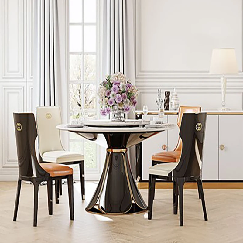 

modern light luxury round dining table villa living room simple solid wood turntable dining table and chair combination