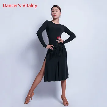 

Latin Dance Skirt Practice Clothes Female Adult Long Sleevs Dancing Clothing New Profession Competition Tassel Dress