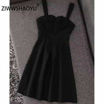

ZIWWSHAOYU Female Fashion Summer Black Mini Short Dress Women Sexy Backless Pleat Bohemian Holiday Spaghetti Strap Dresses