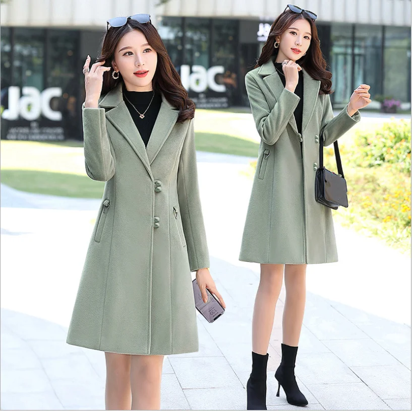 Новинка, зимнее корейское женское длинное шерстяное пальто, женское элегантное приталенное пальто с воротником, уникальная однобортная шерстяная куртка - Цвет: light green